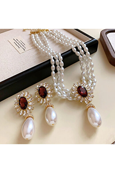 Choice مجموعة من قلادة وأقراط من اللؤلؤ على شكل قطرة مرصعة بأحجار الراين على ...