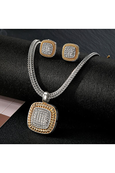 Choice طقم قلادة من الزركون باللون الذهبي الأصفر الفاتح على شكل مربع هندسي مع...