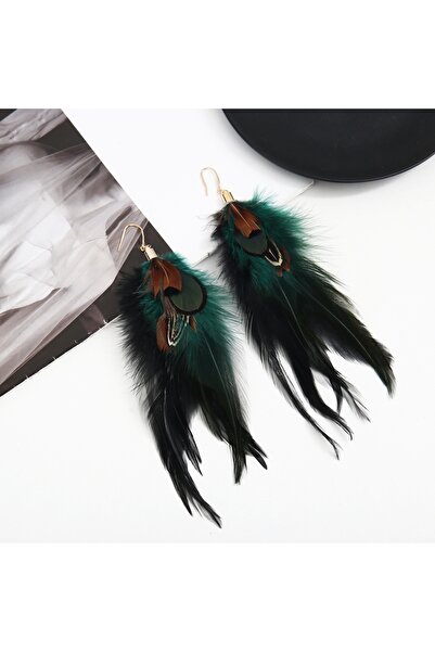 Choice أقراط ريشة مصنوعة يدويًا على الطراز العرقي البوهيمي باللون الأخضر الدا...