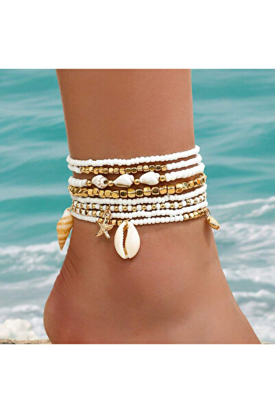 Choice AYA6461501 مجموعة من 8 قطع من خلخال نجم البحر البوهيمي المضفر للنساء في الصيف والشاطئ والصدفة والخرز على شكل قدم J