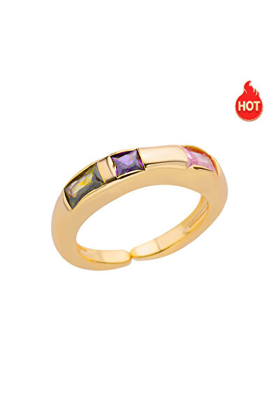 Choice خواتم أصابع مربعة من الزركون JZ5107G قابلة للتغيير في الحجم للنساء باللون الذهبي، خاتم غير منتظم من الفولاذ المقاوم للصدأ