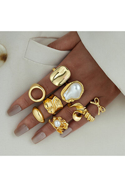 Choice AYA6565601 مجموعة خواتم مفتوحة هندسية من 9 قطع ذهبية اللون مرصعة باللؤ...