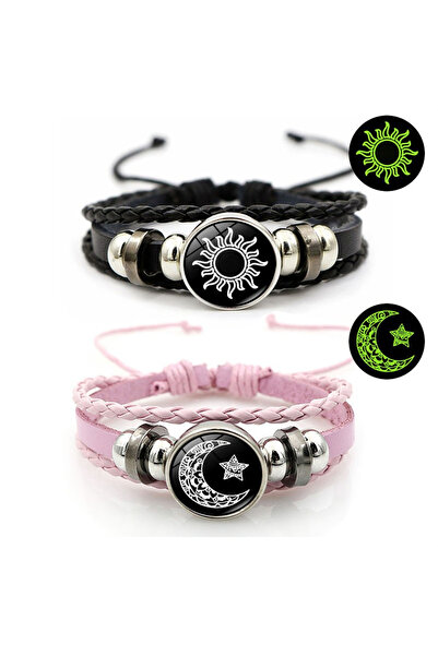 Choice 2 قطعة/مجموعة من أساور جلدية لمحبي الشمس والقمر متعددة الطبقات من الخر...