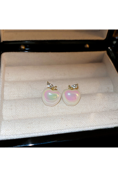 Choice أقراط تفاحة على شكل زهرة بيضاء لطيفة للنساء مرصعة بأحجار الراين واللؤل...