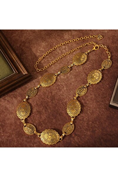 Choice حزام سلسلة بتصميم بوهو مجوف فضي وذهبي، قطعة واحدة، قابل للتعديل، مع تطعيم معدني عتيق للخصر، B