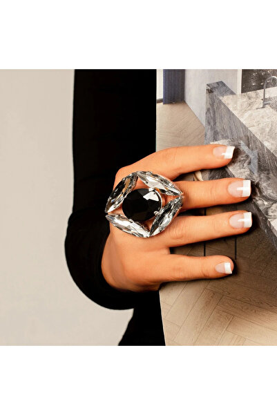 Choice خاتم زفاف مطلي بالفضة، خواتم كريستال سوداء كبيرة، إكسسوارات أصابع نسائية، 2024، مجوهرات زفاف لامعة