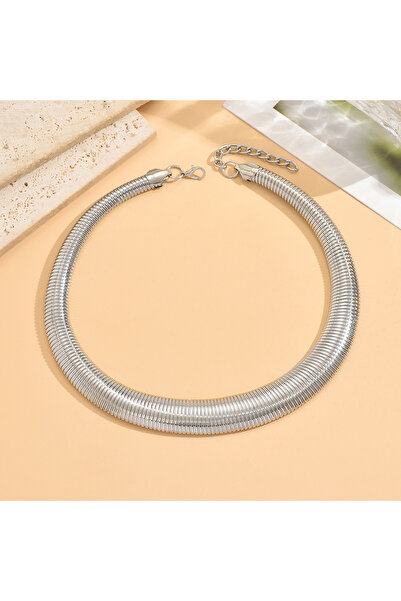 Choice قلادة تشوكر معدنية ثقيلة مبالغ فيها من الفولاذ المقاوم للصدأ باللون الفضي للنساء، بتصميم عصري