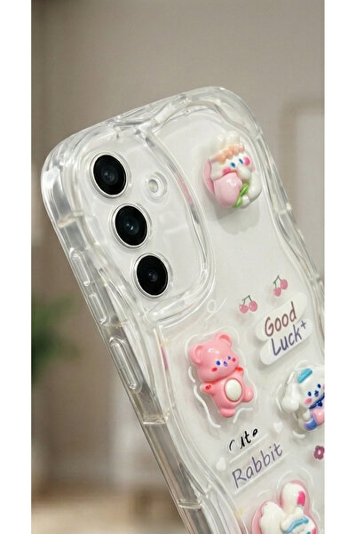 Rivor Realme 12 4G & Realme 12 Plus Uyumlu Kılıf 3D Sevimli Tavşan ve Ayıcık Figürlü Kabartmalı Dalgalı Wavy Şeffaf Kapak