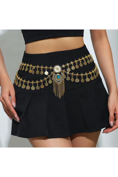 Choice سلسلة خصر معدنية فاخرة مزدوجة الطبقات من أحجار الراين الزرقاء المبالغ ...