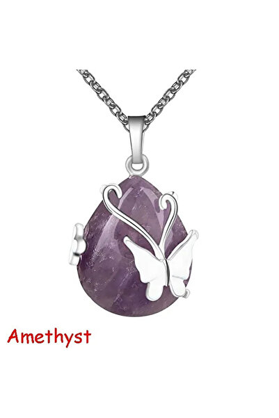 Choice قلادة من حجر الجمشت العتيق على شكل فراشة مصنوعة من حجر الكوارتز الوردي...