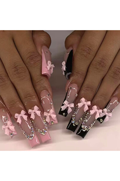 Choice رمادي غامق 24 قطعة - أظافر صناعية طويلة على شكل نعش، فراشة وردية ثلاثي...