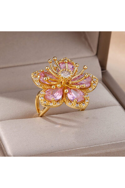 Choice JZ4469G-1 خواتم زهور الزركون الخضراء للنساء باللون الذهبي من الفولاذ ا...