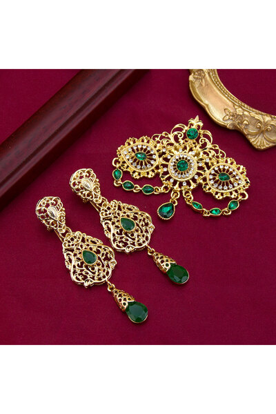 Choice NVS777TZ142green طقم مجوهرات مغربية ذهبي اللون، بروش، أقراط، قفطان، لل...