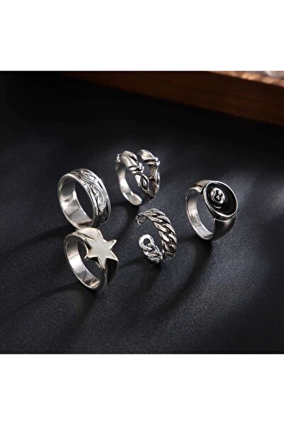 Choice طقم خواتم كون جو 2، 6 قطع/طقم، لون فضي عتيق، بتصميم نجمة مفتوحة، للرجا...