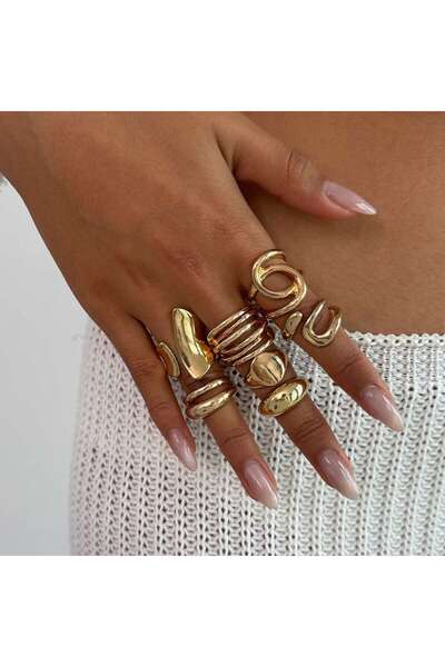 Choice مجموعة خواتم ذهبية اللون من KunJoe مكونة من 7 قطع بتصميم هندسي مجوف عتيق باللون الذهبي للنساء، عصرية وناعمة