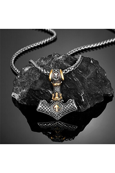 Choice قلادة رجالية من الفولاذ المقاوم للصدأ، سلسلة ذهبية بطول 60 سم، بتصميم تاج الفايكنج ومطرقة ثور، مستوحاة من أساطير الفايكنج ونقوش فالك.