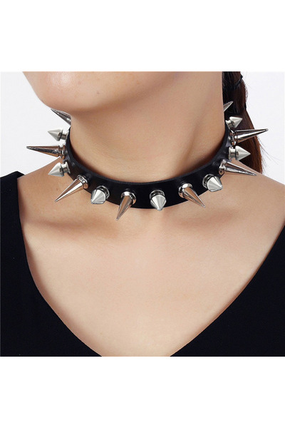 Choice عقد أسود طويل من الجلد الصناعي للنساء والرجال، عقد بمسامير كبيرة مرصعة...