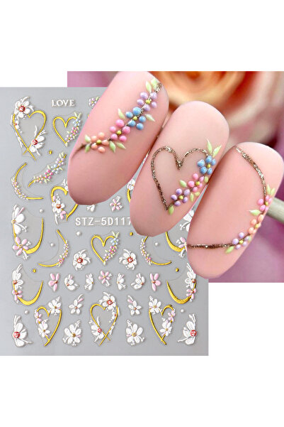 Choice ملصقات أظافر STZ-5D117 5D منقوشة باللون الأبيض والذهبي بتصميم زهور الر...