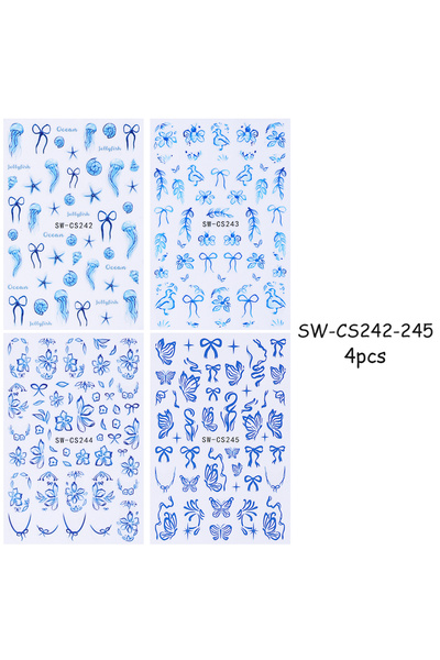 Choice SW-CS242-245 4 قطع 3 ملصقات أظافر زهور زرقاء ثلاثية الأبعاد خطوط فرنسي...