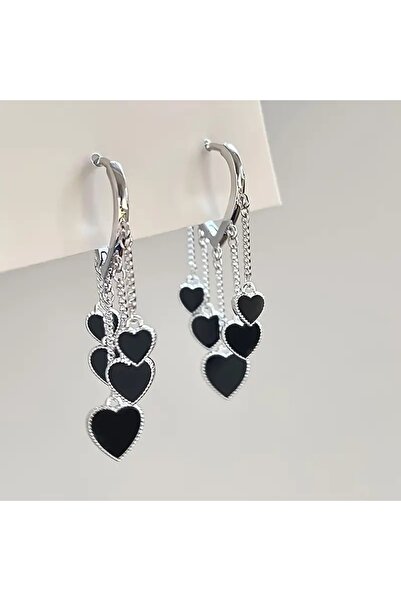 Choice Silver Plated 1 Pair Stylish Black Love Heart Tassel Earrings for Wome...