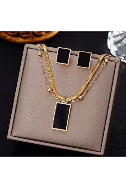 Choice AMS70226 قلادة أنيقة مزدوجة الطبقات على شكل مربع هندسي مع أقراط مرصعة ...