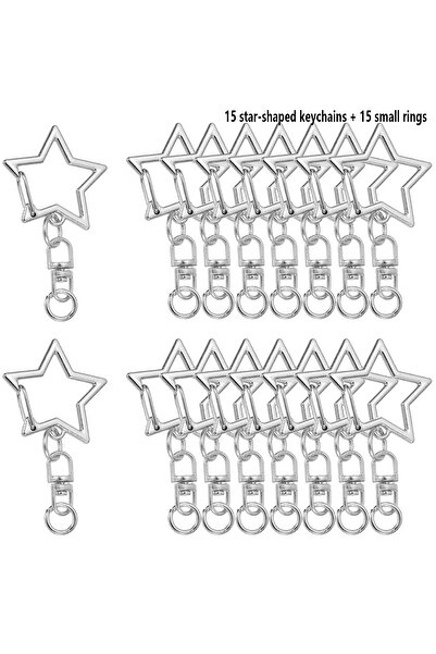 Choice 30 قطعة من حاملات المفاتيح ذات المشابك الزنبركية على شكل نجمة فضية، 15 سلسلة مفاتيح + 15 حلقة صغيرة، من أجل صنعها بنفسك