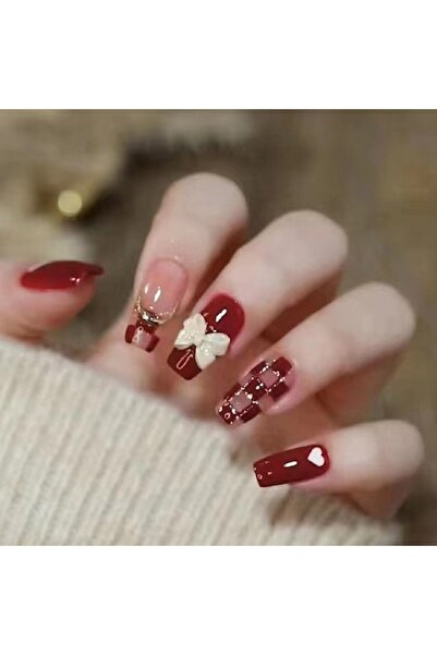 Choice Red 24PCS/1BOX Red Bow Gold Powder Checkerboard Fake Nails