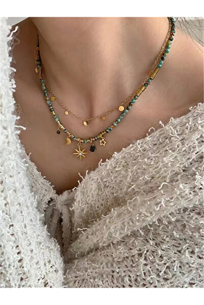 Choice مجموعة من قطعتين من قلادة أنيقة من الخرز على شكل نجمة الشمس والقمر بال...