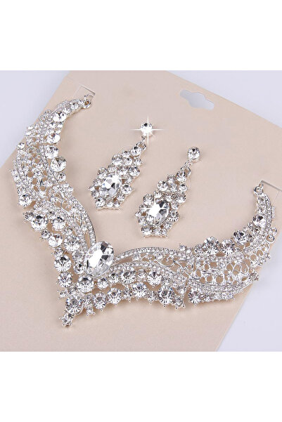 Choice as shown 3pcs/set Rhinestone Bridal Jewelry Set Alloy Necklace And Ear...