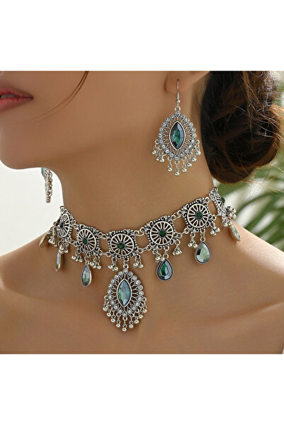 Choice مجموعة مجوهرات عرقية خضراء عتيقة للنساء من الراتنج الحجري، قلادة معدني...