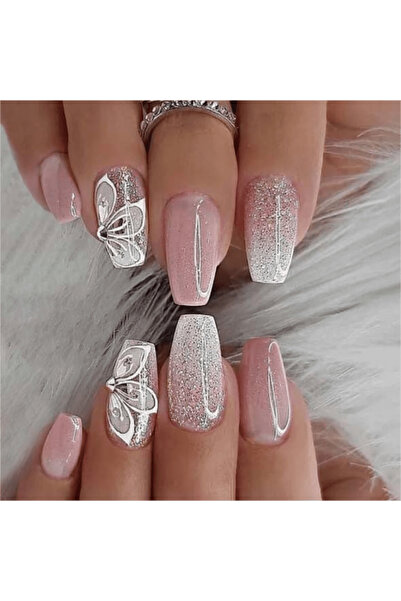 Choice ملصقات أظافر وردية اللون، 24 قطعة، مزينة بأحجار الراين على شكل فراشة، ...