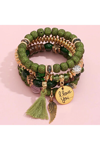 Choice مجموعة أساور من 14 قطعة من الخرز البوهيمي للنساء، حرف أحبك، حلية شرابة...