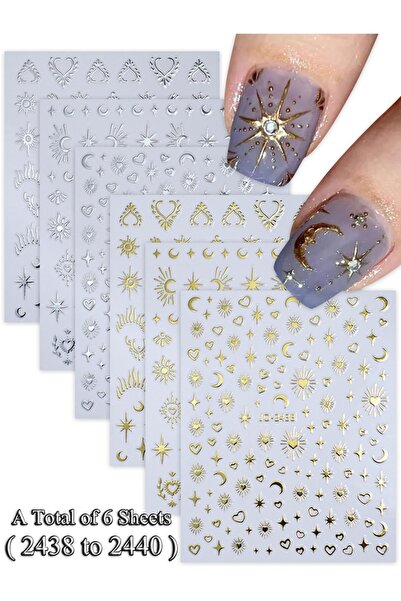 Choice مجموعة من 8 ملصقات أظافر (6 أوراق) 6/12 ورقة، ذهبية وفضية، على شكل نجو...