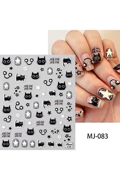Choice ملصقات أظافر على شكل قطة سوداء لطيفة MJ-083، نقش خماسي الأبعاد، زهور ق...