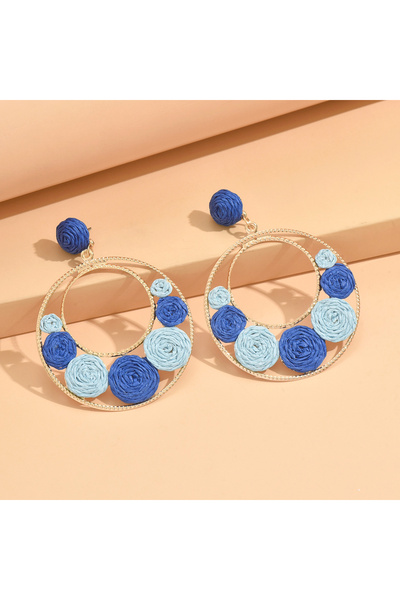 Choice أقراط دائرية من الرافيا بلون بوهيمي أزرق للنساء، مصنوعة يدويًا من نسيج...