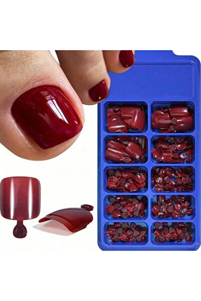 Choice مجموعة من 100 قطعة من أظافر القدم الصناعية ذات اللون الأحمر، أظافر أكريليك صناعية بسيطة، أظافر صناعية قابلة للضغط على القدم