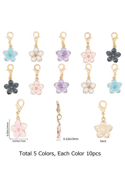 Choice 50 قطعة، صندوق واحد، 50 قطعة من علامات الغرز، علامات غرز الكروشيه، سحر زهرة ساكورا الربيعية، مشبك سحب السحاب