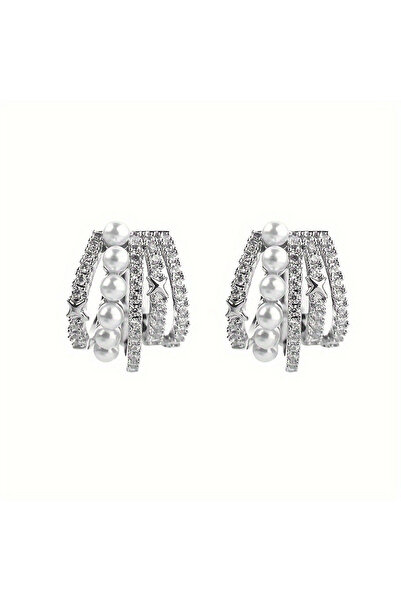 Choice WC5097-2 Pearl Ear Clip Cubic Zirconia C Shape Ear Cuff Metal Clip Ear...