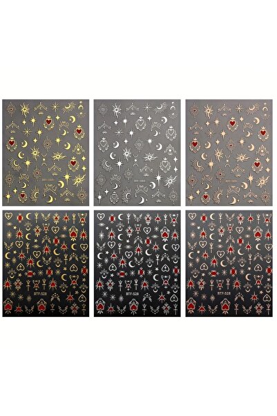 Choice 6 ورقات من ملصقات فن الأظافر على شكل قمر ونجمة متلألئة - 6 ورقات، ملصق...