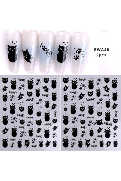 Choice ملصقات أظافر SWA46-قطعتان من ملصقات أظافر قطة سوداء لطيفة بتصميم حيوان...