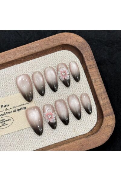 Choice 10 قطع من أظافر الضغط الفرنسية ذات اللون الأسود المتدرج XS، أظافر صناعية منقوشة يدويًا على شكل زهرة بارزة، رائعة وجميلة