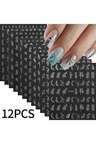 Choice ملصقات أظافر فضية ثلاثية الأبعاد على شكل أوراق زهور ذهبية رائعة، 12 قط...