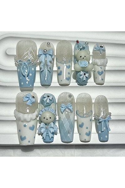 Choice 2228-طويلة-XS 10 قطع أظافر صناعية فرنسية وردية اللون على شكل فيونكة ثلاثية الأبعاد لطيفة مصنوعة يدويًا على شكل أرنب كاواي طويل مزيف