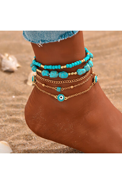Choice مجموعة من 5 قطع من خلخال AYAGreen بتصميم بوهو فيروزي عتيق للنساء، متعدد الطبقات، عصري، عيون شريرة، أقدام متشققة C