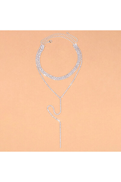 Choice قلادة طويلة من حجر الراين الأسود مطلية بالفضة للنساء، إكسسوارات عصرية ...