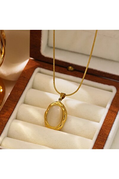 Choice قلادة فاخرة من الفولاذ المقاوم للصدأ مطلية بالذهب عيار 18 قيراطًا على شكل بيضاوي من حجر عين القط الأبيض من الأوبال P05003-1-01