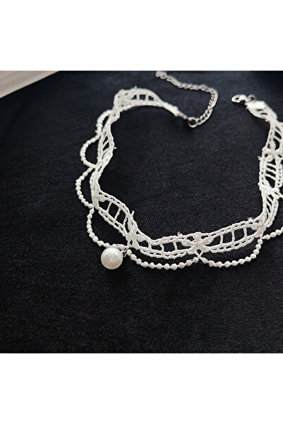 Choice Steel color White lace hollowed-out choker pearl pendant choker collar collar chain necklace Women's