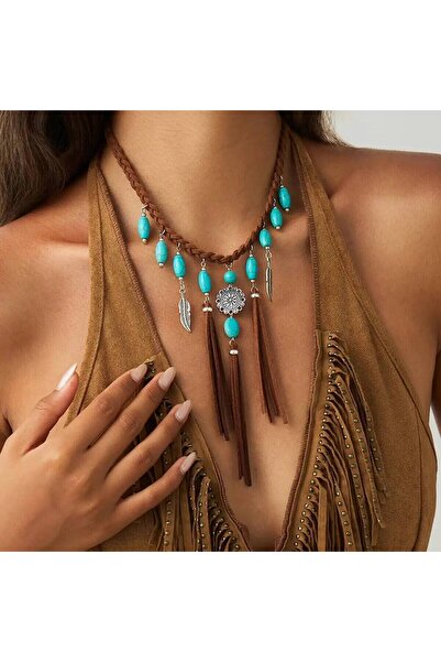 Choice قلادة تشوكر بنية اللون من IngeSight.Z بتصميم عرقي عتيق مزينة بشرابة من...