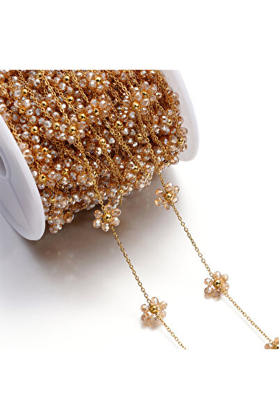 Choice 1 متر من خرزات زهرة الكريستال الوردية المصنوعة من الفولاذ المقاوم للصدأ والحجر الطبيعي باللون الذهبي/الفولاذي بطول 1 متر