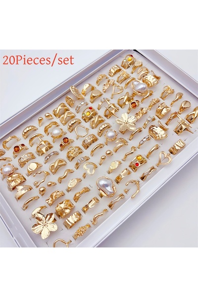 Choice طقم خواتم مفتوح بتصميم هندسي غير منتظم وزهور أنيقة قابلة للتغيير، مكون من 20 قطعة للنساء